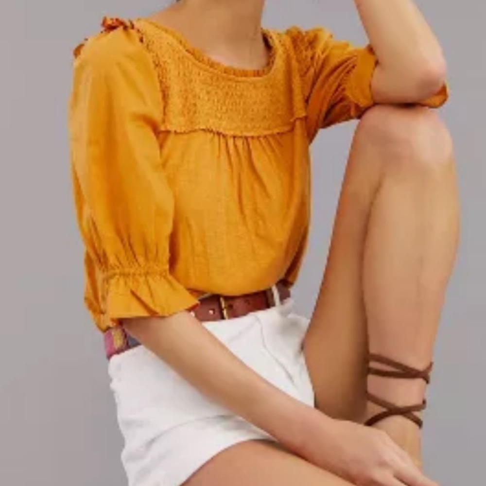 Anthropologie Smocked Puff Sleeve Peasant Knit Top Sz XXS